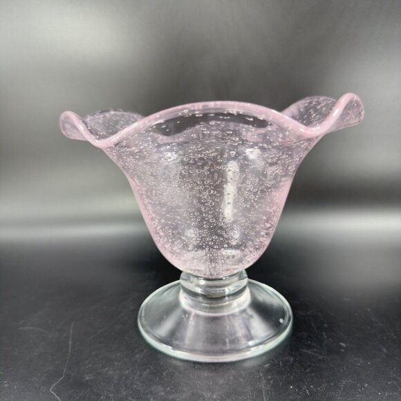 Art Glass Clear Footed Bowl Compote Pink Top With Small Bubbles Glass Decor - Picture 9 of 12